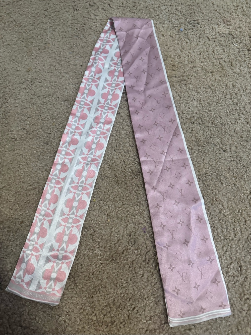 Louis Vuitton Pink & White Silk Twilly Scarf